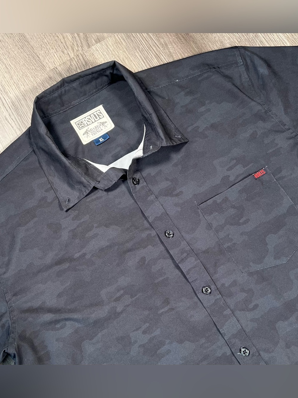 RSVLTS Deep Camo KUNUFLEX Short Sleeve Button Down Shirt Men’s XL Black Grey